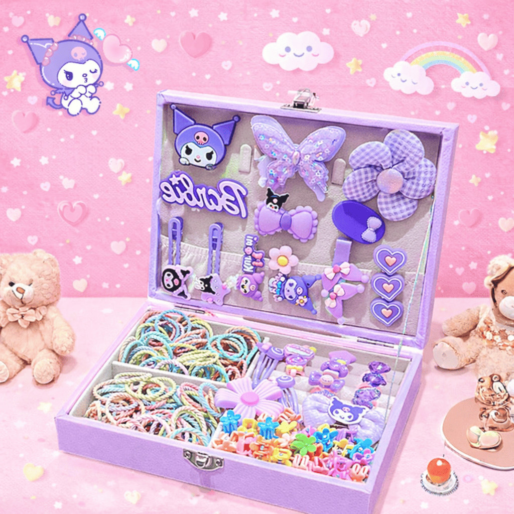 1 SET AKSESORIS RAMBUT MOTIF KARTUN LUCU DENGAN BOX PANDORA LUCU ISI JEPITAN, CINCIN DAN IKAT RAMBUT