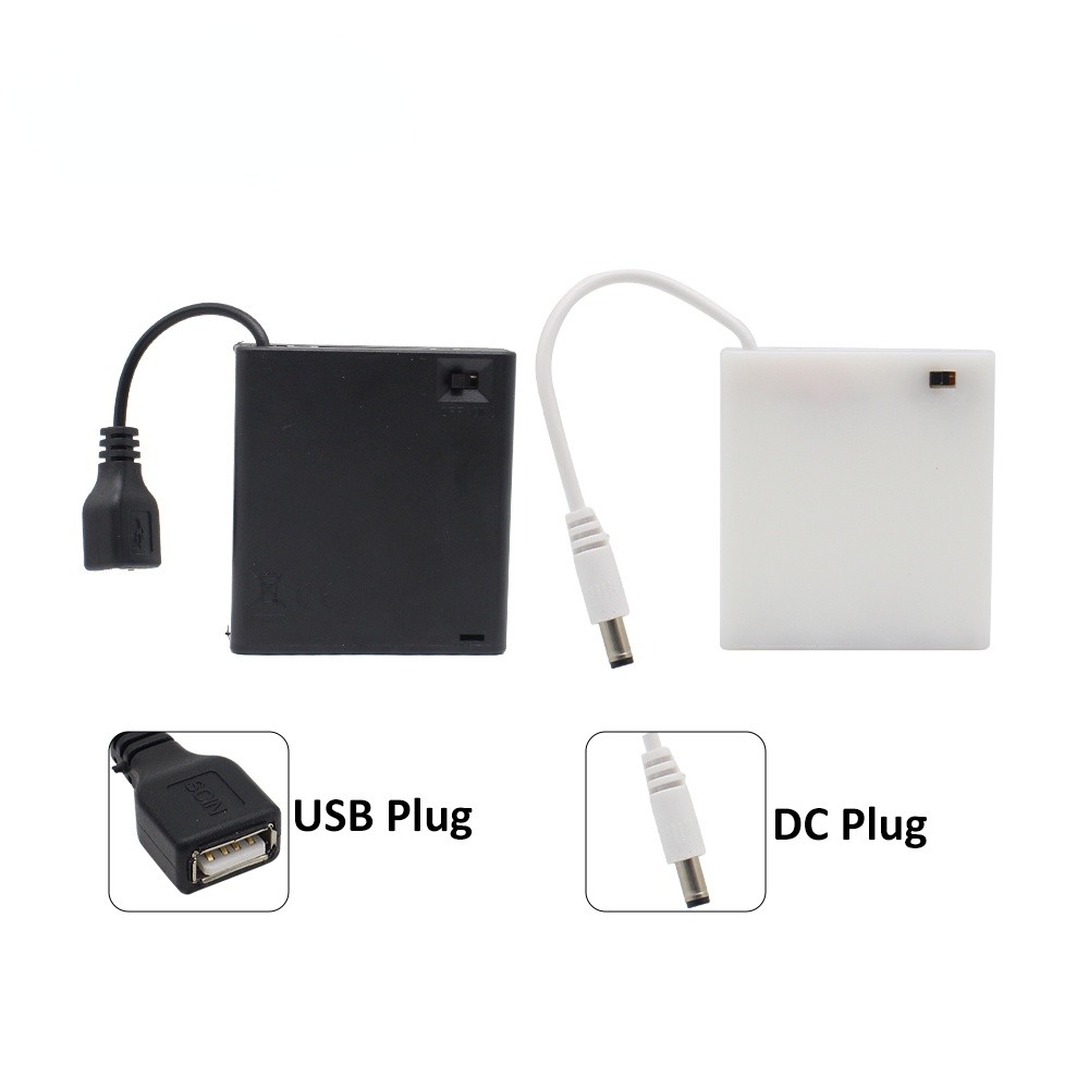 Kotak Baterai 4X AA USB/DC untuk Lampu LED Strip, Tempat Penyimpanan, Wadah LR6 dengan Kabel 5V