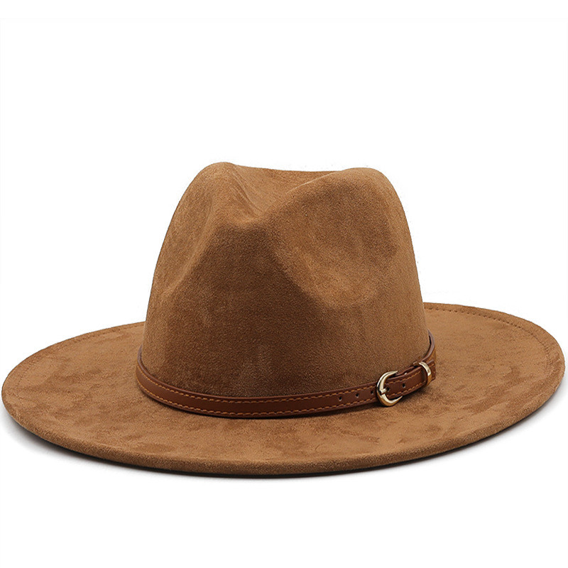 Suede Fedora Hats Western Cowboy Hat Visor Cap Women Men Brown Copper Buckle Belt Jazz Felt Cap Wide