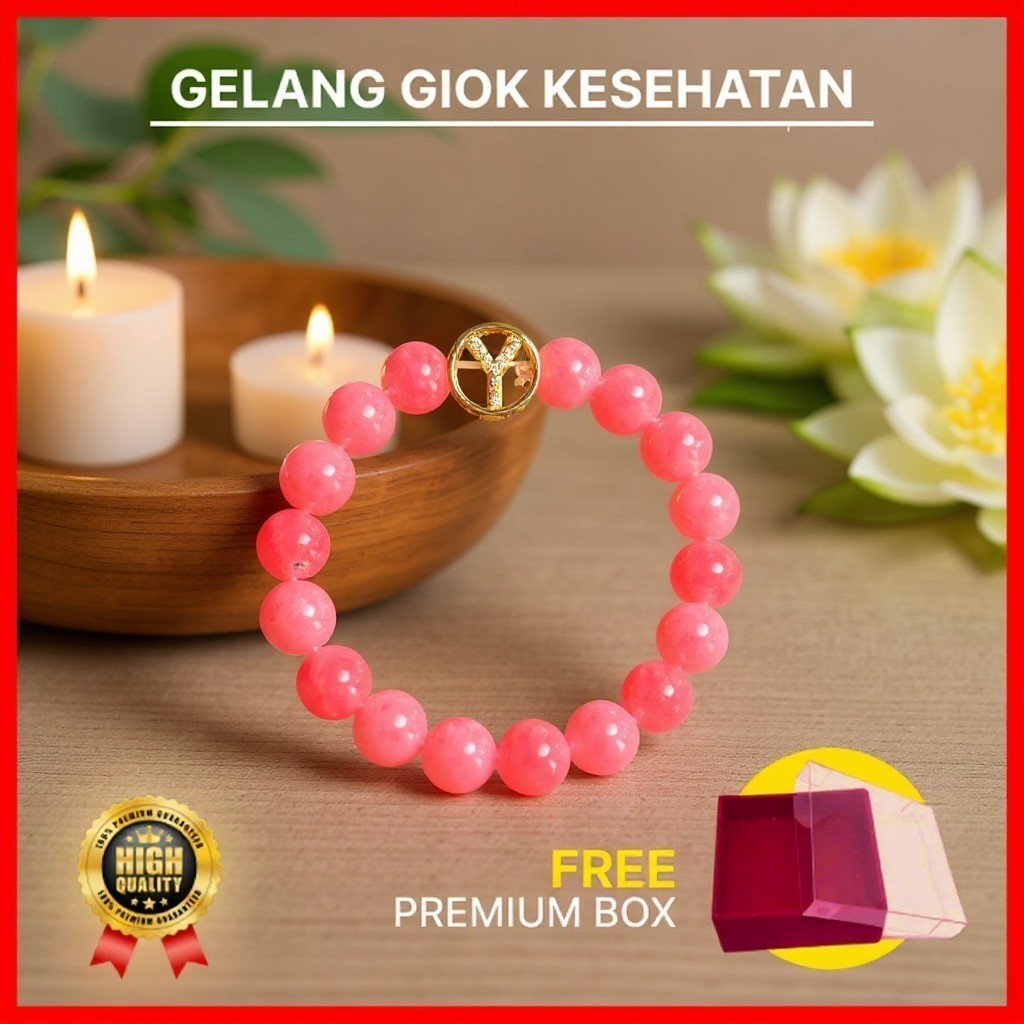 AMURA Gelang Giok Merah Muda / Gelang Pink Elegan / Gelang Batu Alam Cinta & Energi Positif