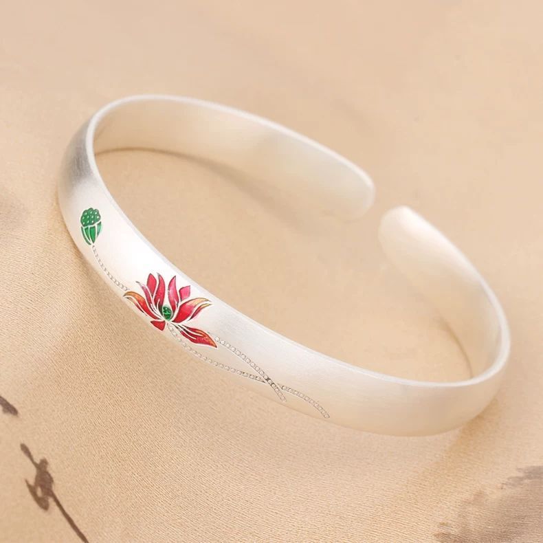 Gelang Lotus Silver Kaki Wanita Perak - Gelang Biru Panggang Warna Enamel Vintage Terbuka