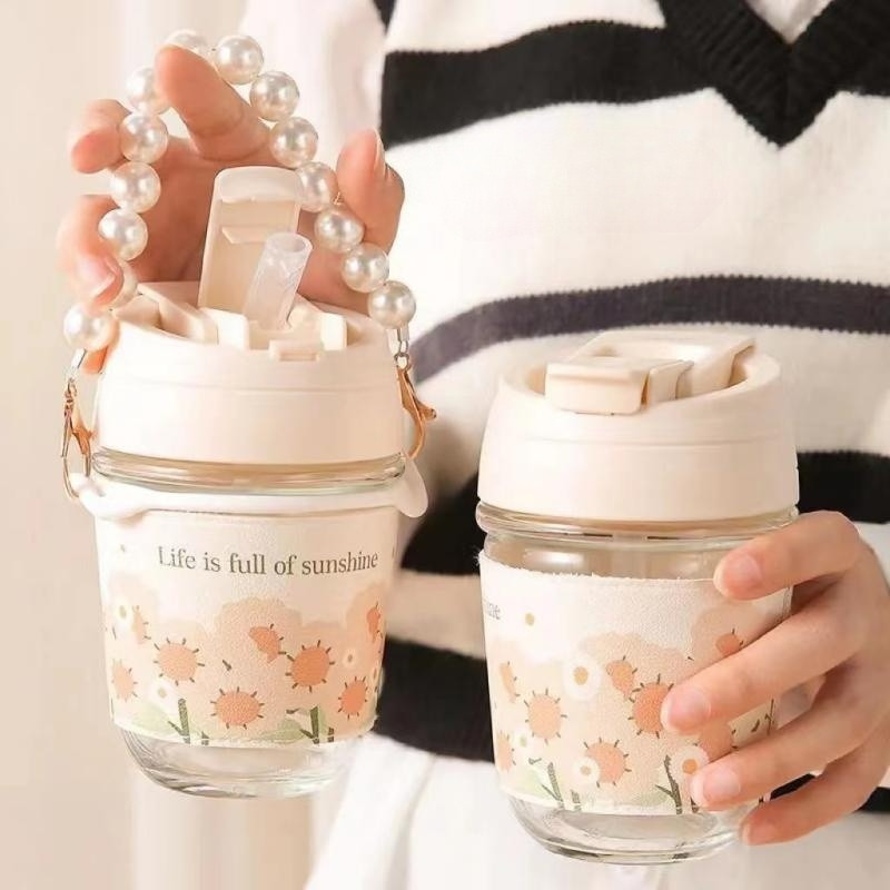 Tumbler kopi glass aesthetic / Botol Minum Kaca Aesthetic / Tumbler Minum Sedotan Tali Mutiara / Gel