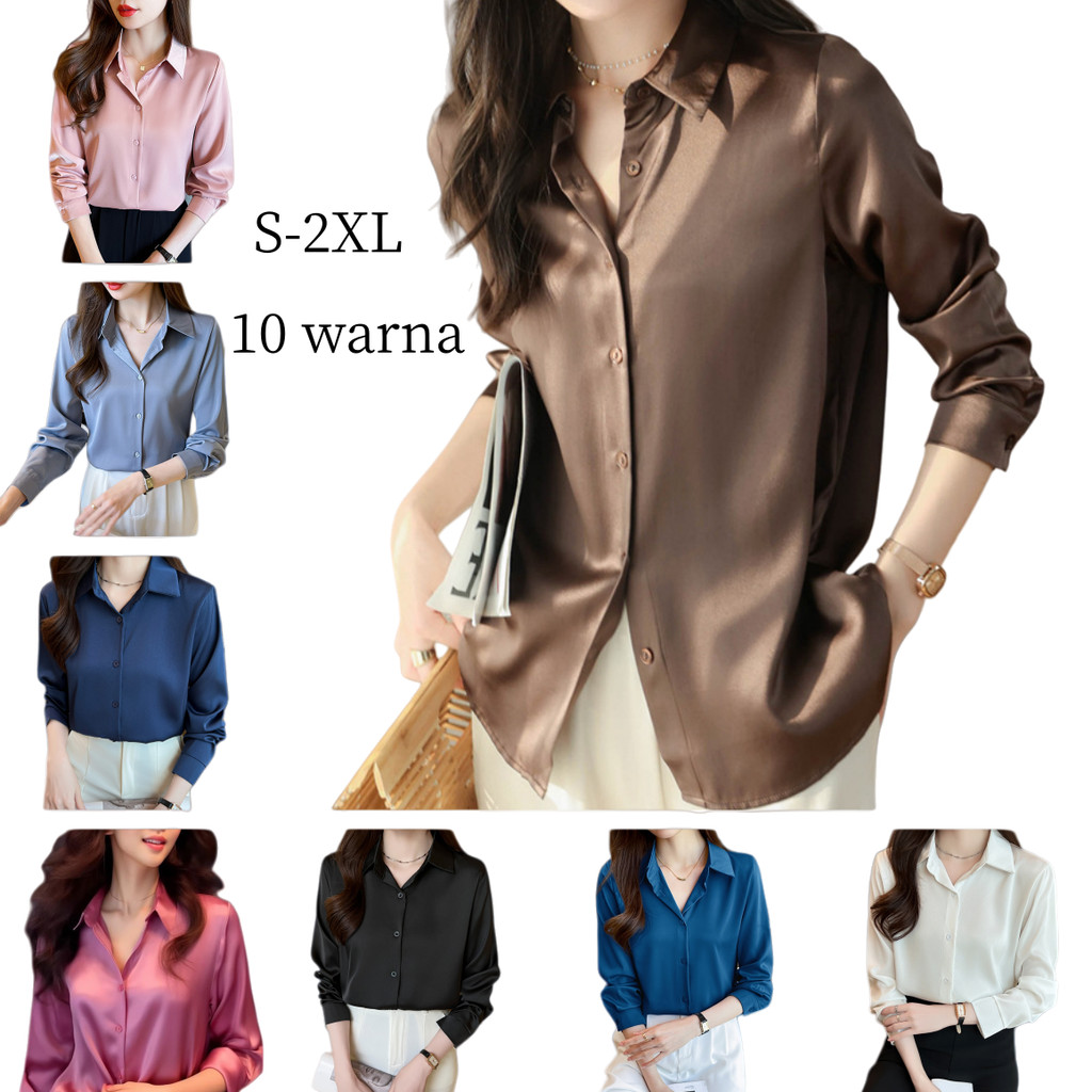 Blus lengan panjang wanita satin sutra es tersedia 10 warna Kemeja lengan panjang warna polos