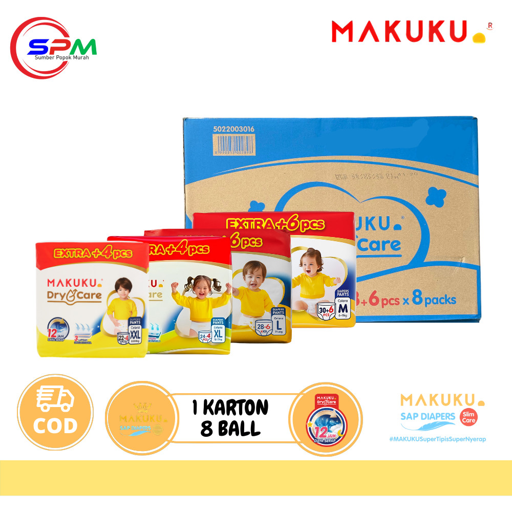 MAKUKU Dry Care Pants M30+6 L28+6 XL24+4 XXL22+4 1 Karton / 1 Dus Isi 8 Ball Popok Bayi Celana SPM
