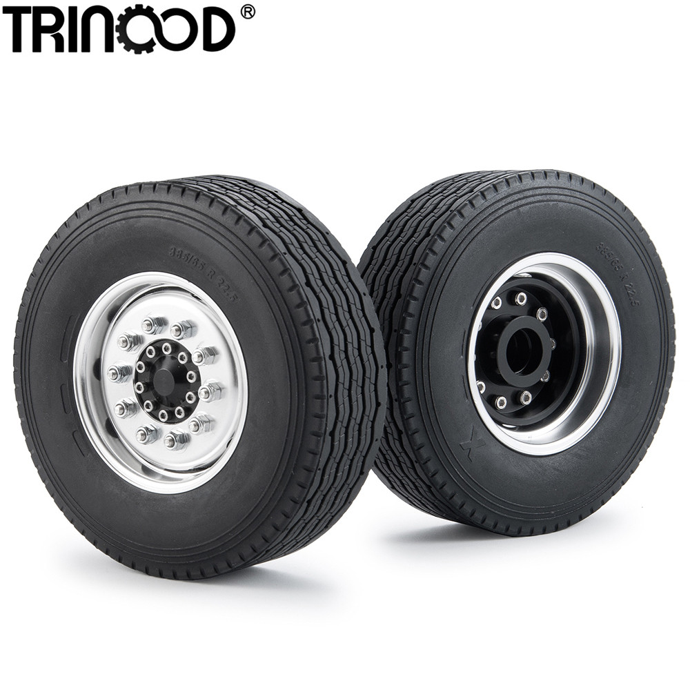 TRINOOD Tamiya Front Wheel Rims and Rubber Tires Kit for 1:14 Tamiya Trailer Tractor Truck Cargo Tow
