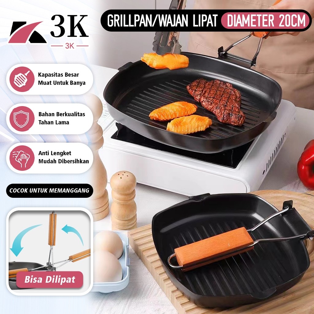 (3K Surabaya) Panci Panggang BBQ Grill Pan Korea 20CM Gagang Kayu Lipat Anti Lengket Multifungsi