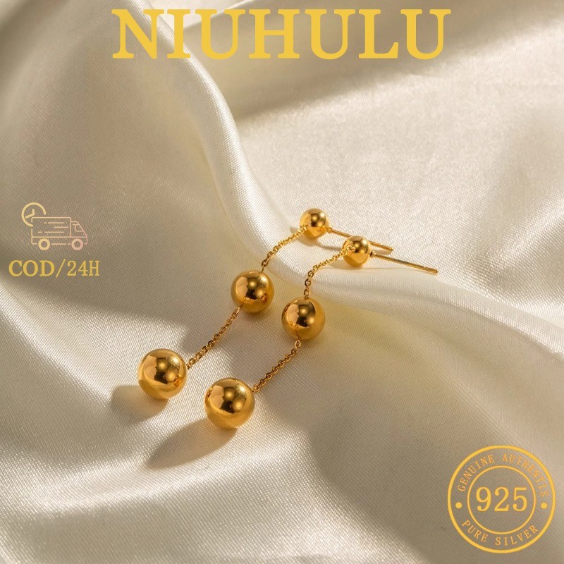 Anting-anting Wanita Manik-manik Rumbai Berlapis Emas Baja Titanium Bola Bulat Kecil Mengkilap