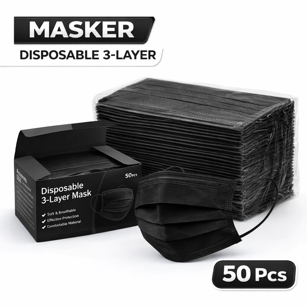 A2A HELLO_ALICE MASKER FACEMASK EARLOOP 3PLY ISI 50 PCS CANTOL WARNA HITAM
