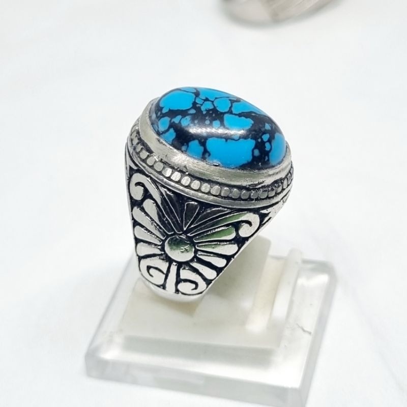 cincin pirus blue fancy urat hitam / batu akik pirus persia biru / pirus mesir ceplok kuro elegan