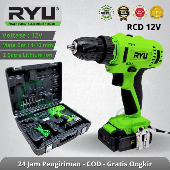 Bor Baterai 10mm RYU 12 Volt Cordless Drill Mesin Bor Cas 2 Batre Besi Kayu Plastik RCD 12V