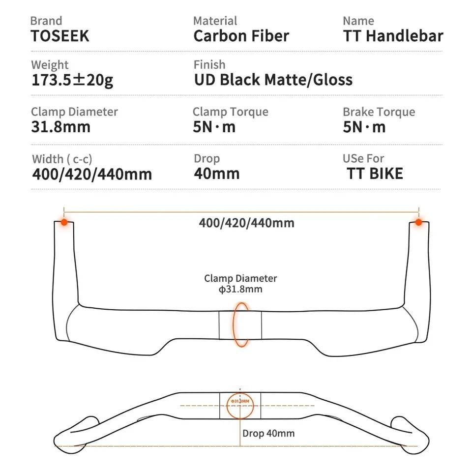 TOSEEK Full Carbon TT Handlebar 400/420/440mm Gravel Road Bike Handlebar Ultralight Bicycle TT Handl