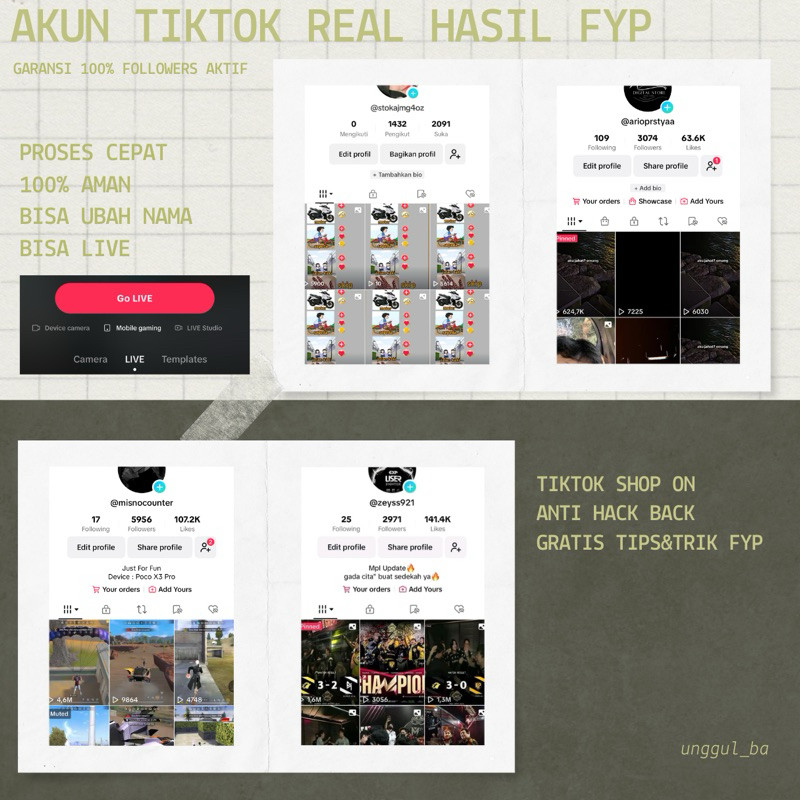 Akun T'ikt'ok Hasil FYP 1-20K Followers Aktif Real Indo Bisa Live dan Affiliate