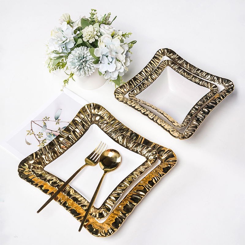 RoyalHuis Elizabeth Collection Piring dan Mangkuk Keramik Putih Gold Motif Karat Emas Bentuk Kotak /