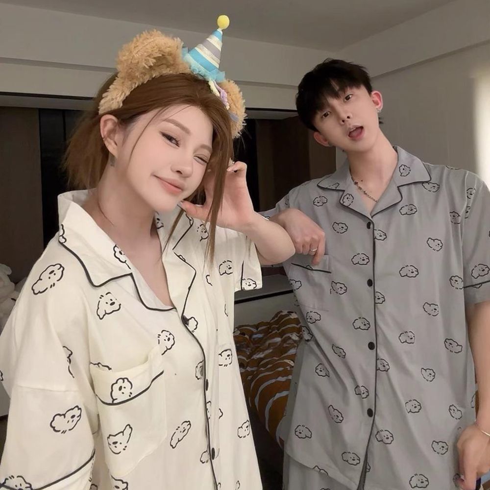 Gaya Korea Lucu Kartun Bermotif Piyama Couple Lengan Pendek Pria/Wanita Kasual Set Baju Rumah