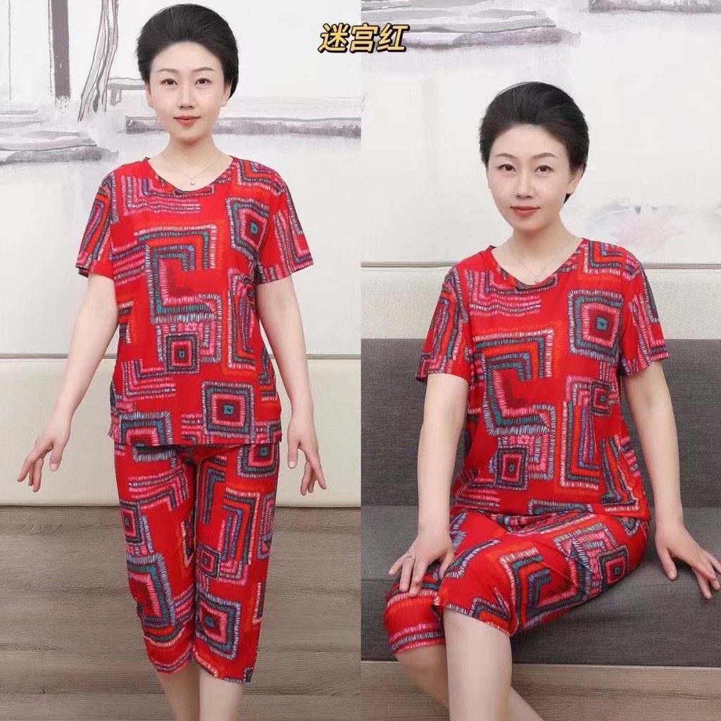 Setelan Musim Panas Wanita Lansia Kaus Pendek Dua Potong Atas Longgar Baju Nenek Warna