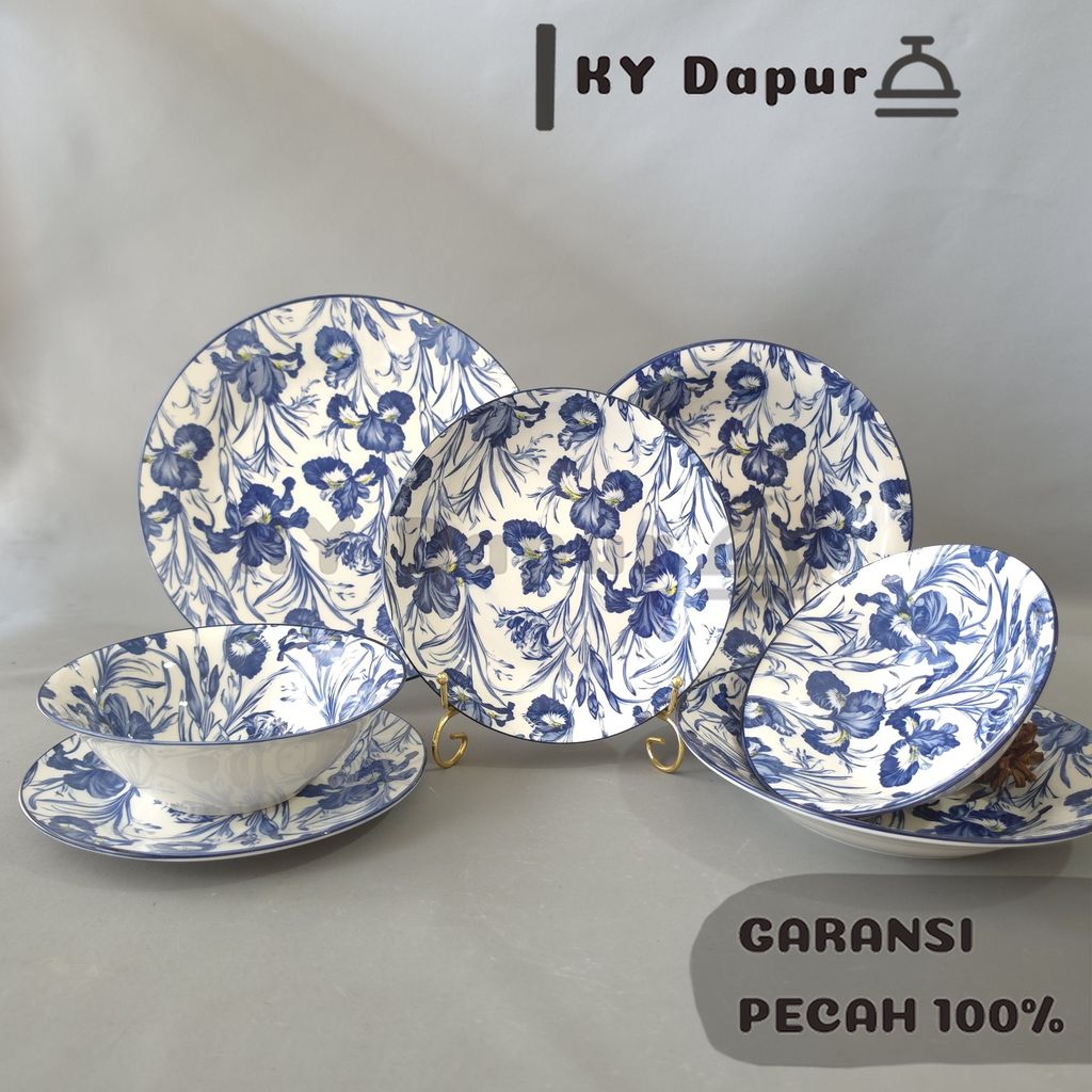 SAKATO Piring Mangkok KeramikMotif Bunga Iris Piring Keramik Bunga Cantik Aesthetic Bermotif