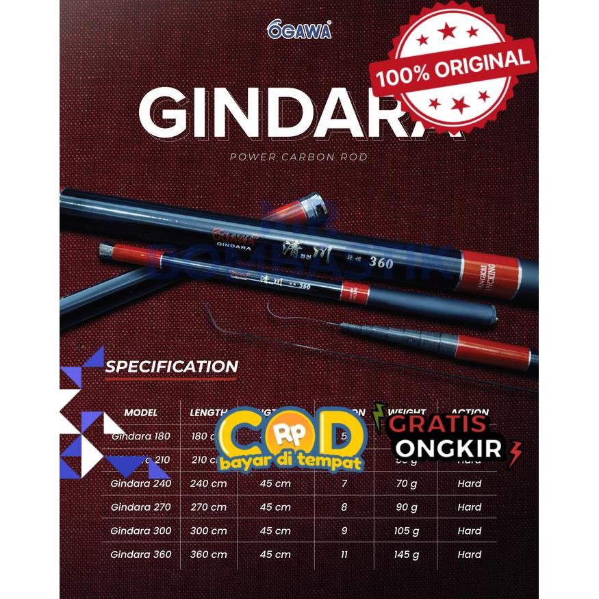 Ogawa Joran Tegek Gindara 180-360 cm Kaku Hard Power Carbon Rod dengan Berbagai Pilihan Panjang - 18