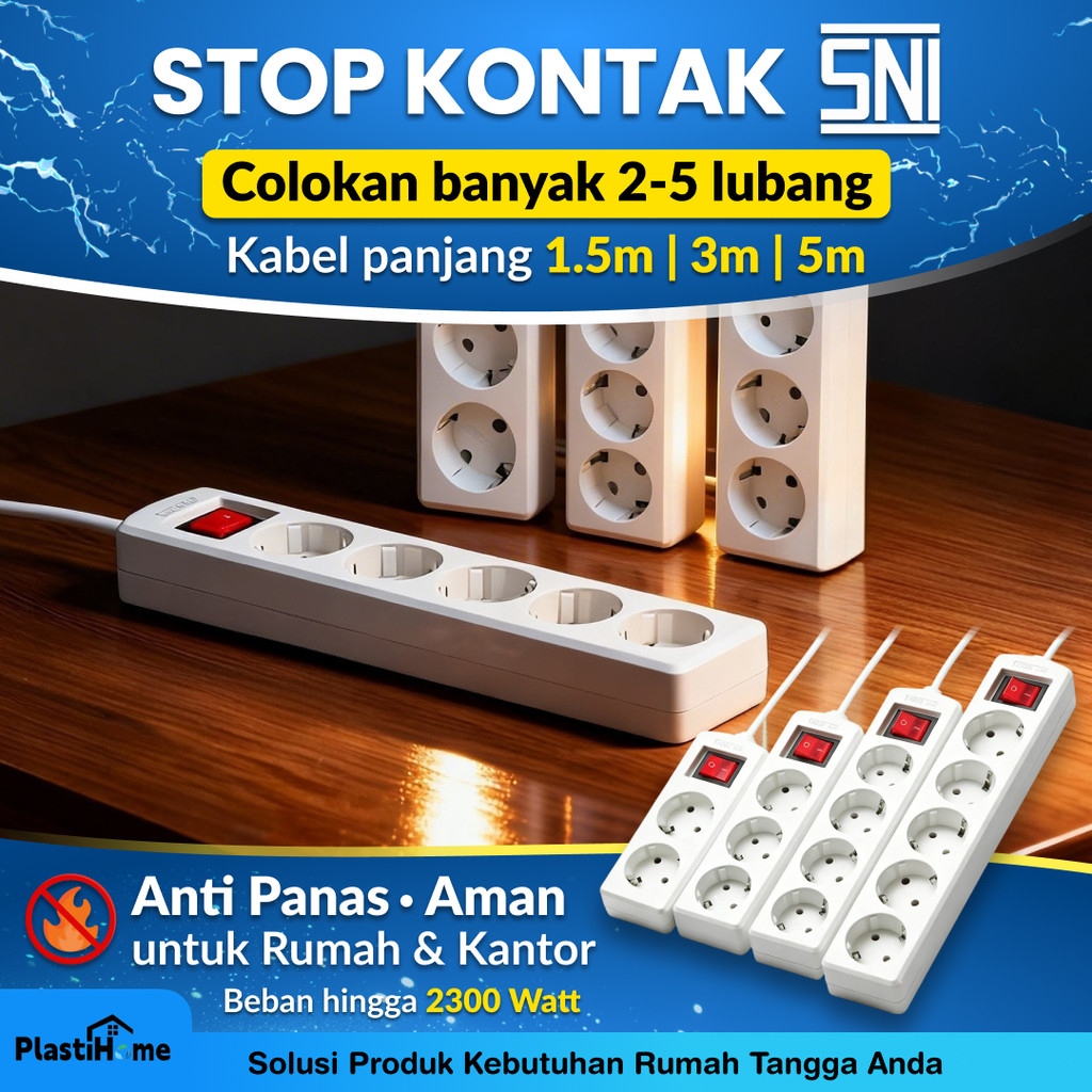 Stop Kontak Kabel Panjang SNI | Colokan Listrik Banyak 2–5 Lubang | Power Strip Aman Anti Panas untu
