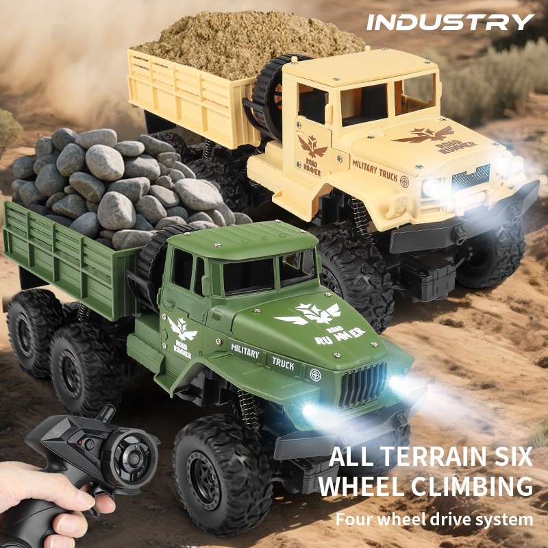 Mainan Truk Militer Remote Control dengan Lampu 2.4GHZ 4WD RC Mobil Truk Kargo Besar Bahan Alloy