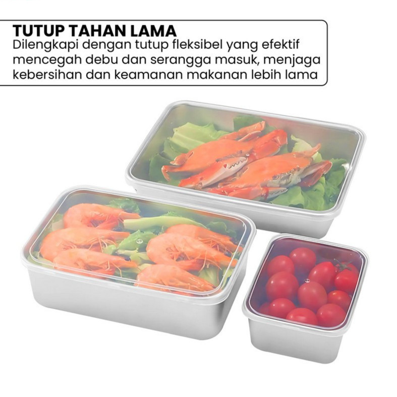 Stainless Food Box Multifungsi Tempat Makanan Sayuran dengan Tutup Plastik / CONTAINER MAKANAN