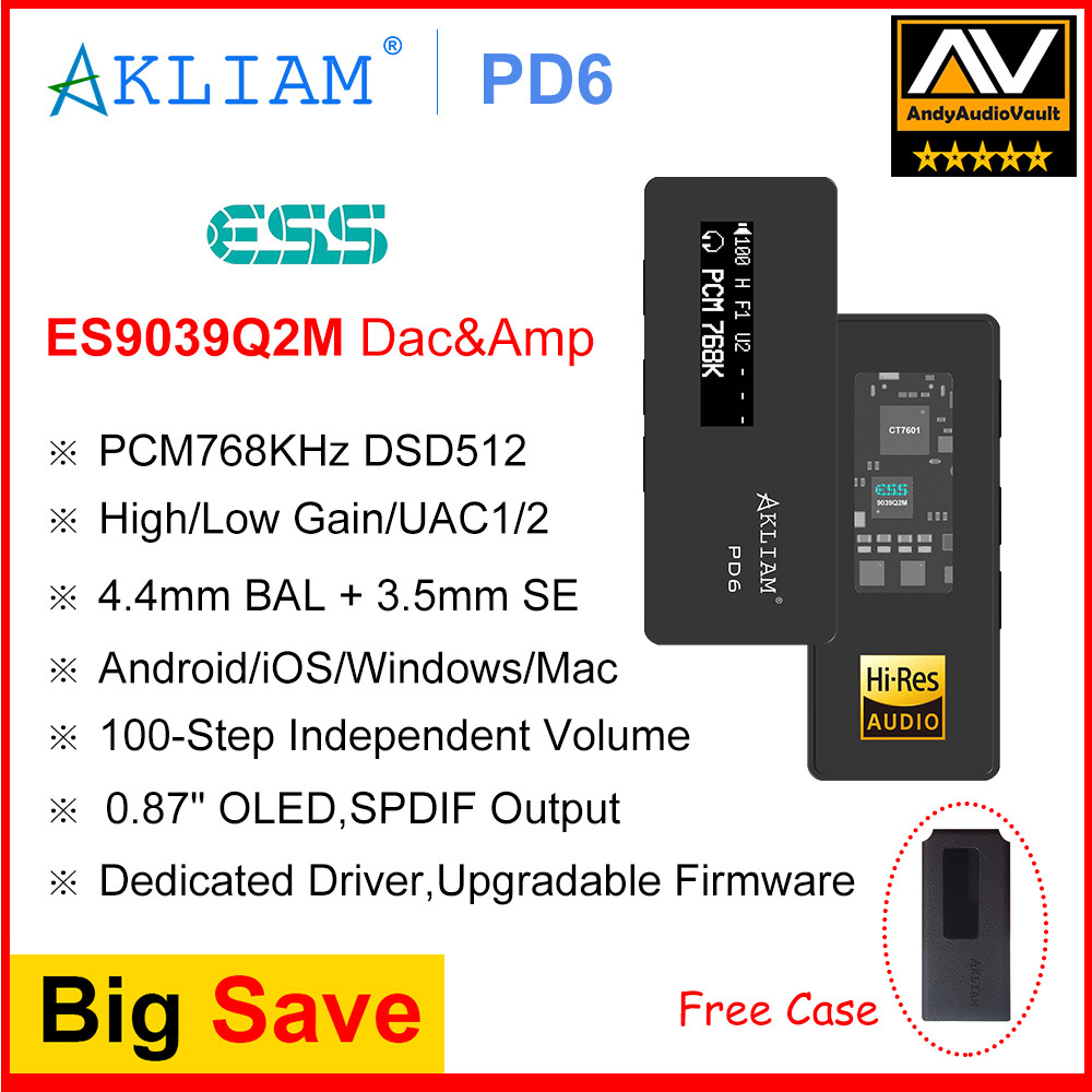 (Andy 5-Star) AkLIAM PD6 ES9039Q2M USB DAC OLED splay Hifi Portable Dac & Amp 3.5mm 4.4mm Headphone 