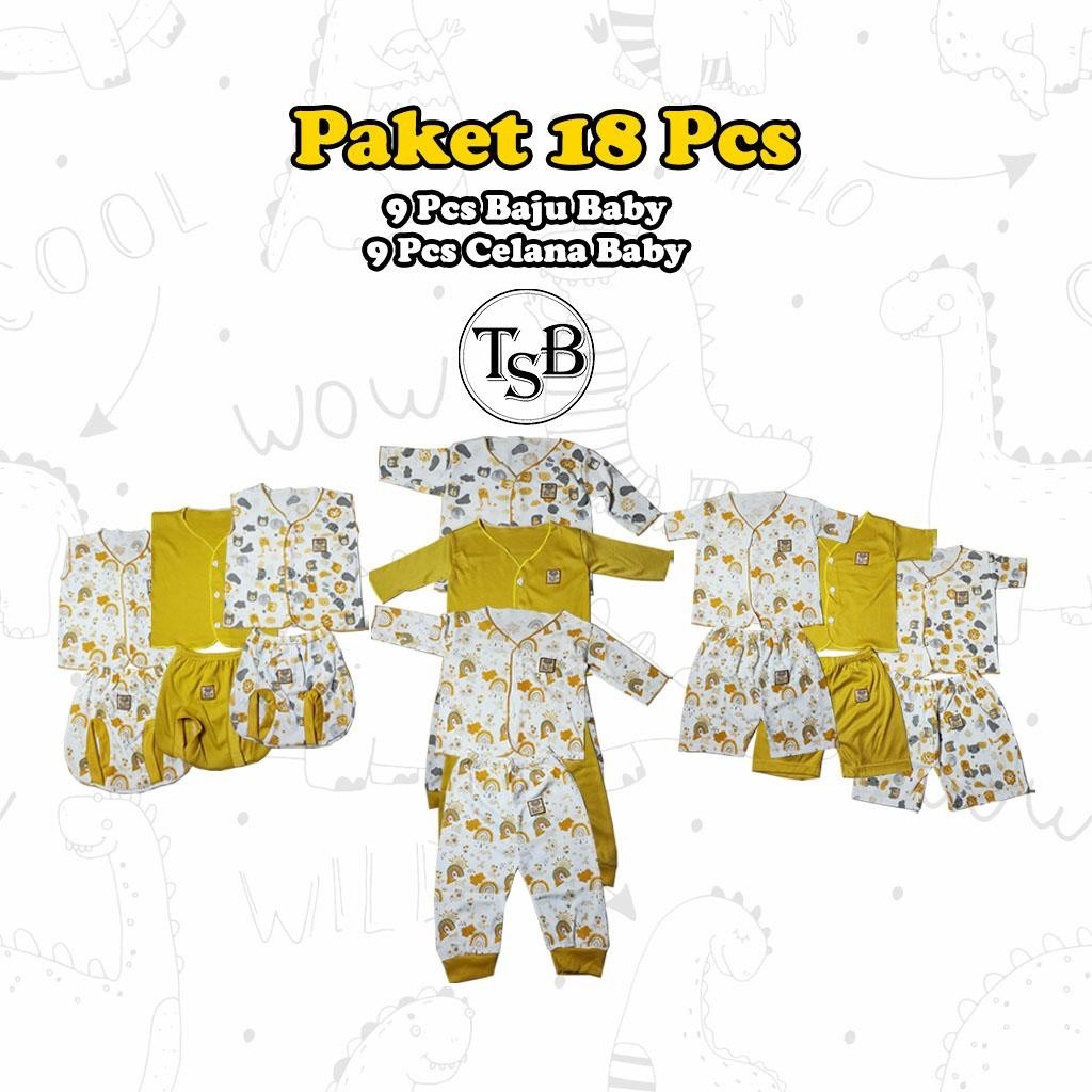 18 Pcs Paket Baju Bayi Dan Celana Bayi Baru Lahir 0-3 Bulan Seri Kuning Model Lekton Model Lengan Pe