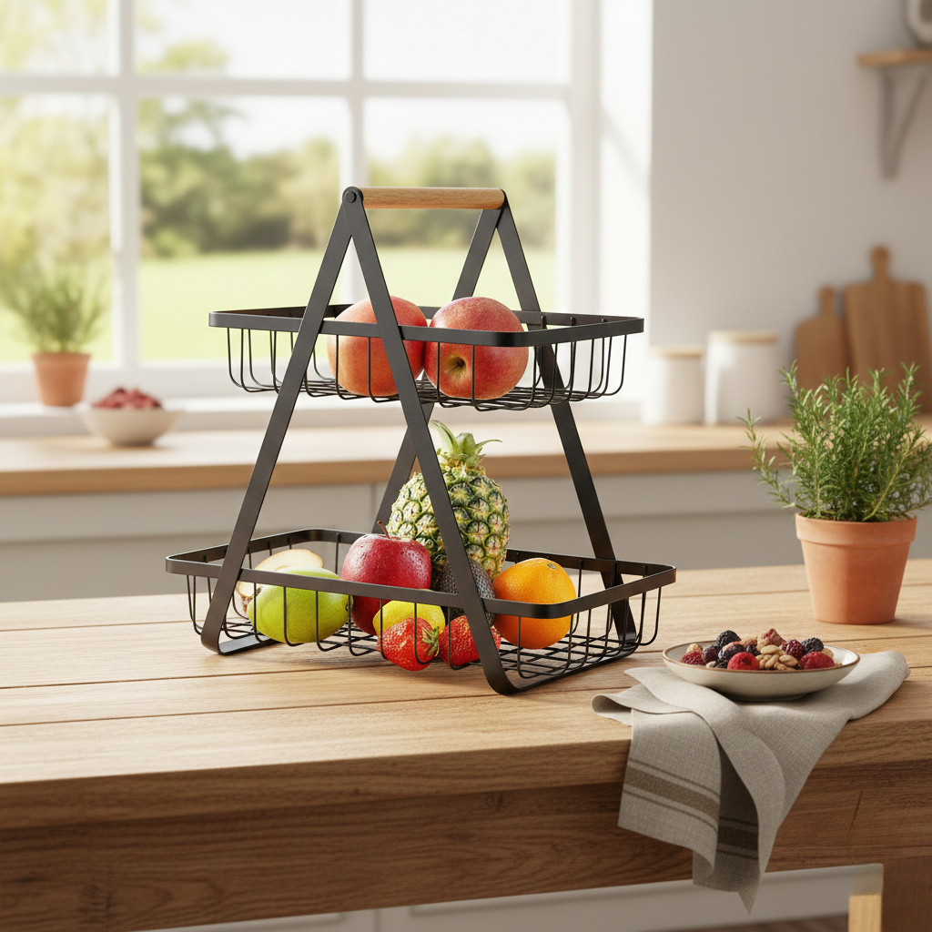 DTG Rak Keranjang Susun Besi Keranjang Buah Tempat Buah Rak Dapur Dengan Pegangan Kayu