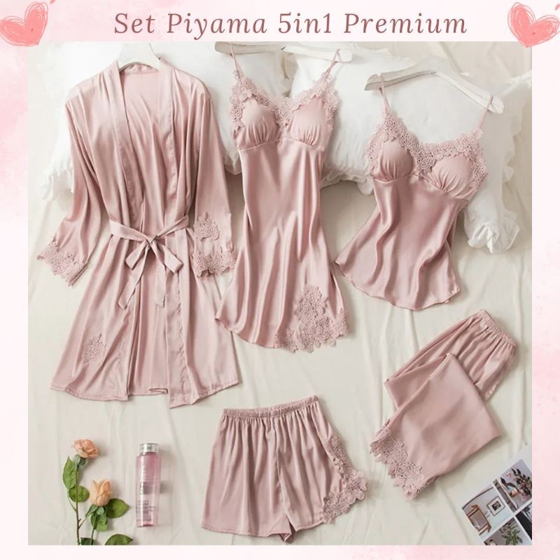 PROMOPiyama Wanita 5 in 1 Silk Sutra Set Kimono - Baju Tidur Silk Sutra Premium Import M L XL XXLTER