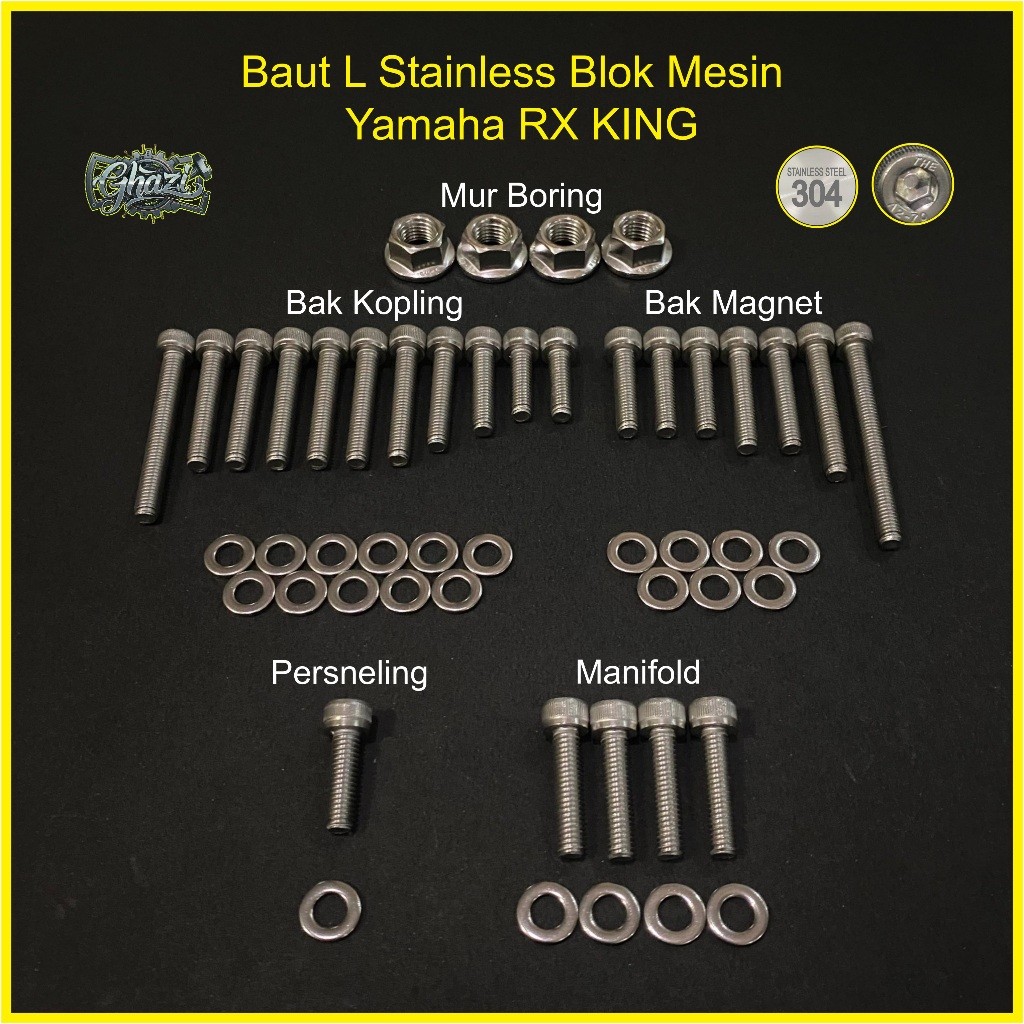 FRANCISS.ID Ghazi Baut Mesin YAMAHA RX KING Baut L Stainless THE Anti Karat  100% FULL SET RX KING
