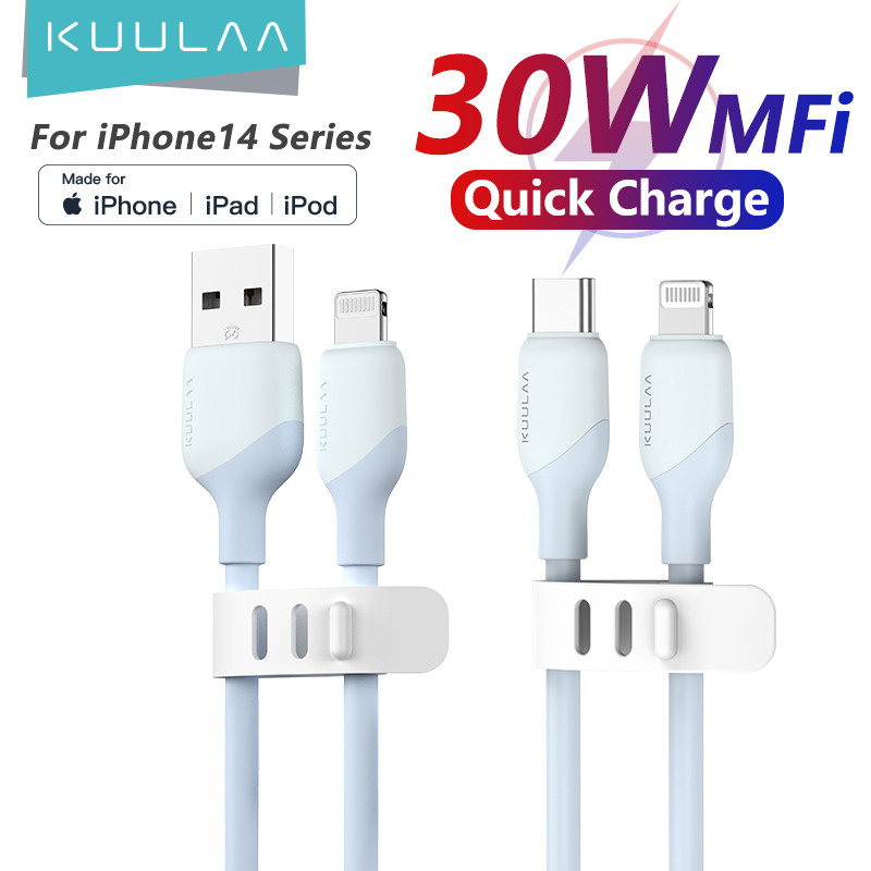 Kabel KUULAA USB C ke Lightning MFi untuk iPhone, Kabel Pengisian Cepat PD 30W USB Tipe C untuk iPho