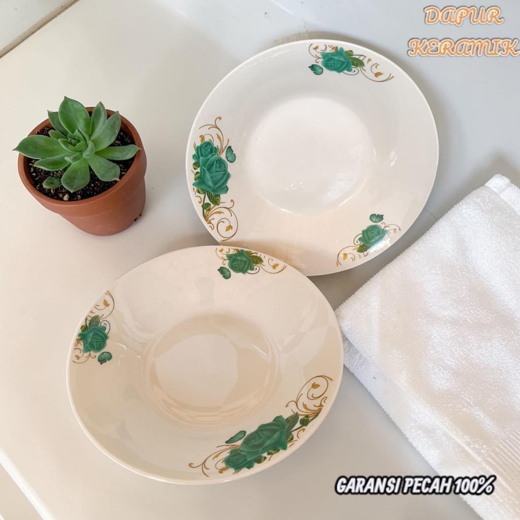 DINASTY Piring Keramik Estetik 8in Motif No Line Bunga Kupu Hijau Piring Keramik 20cm SerbaGuna