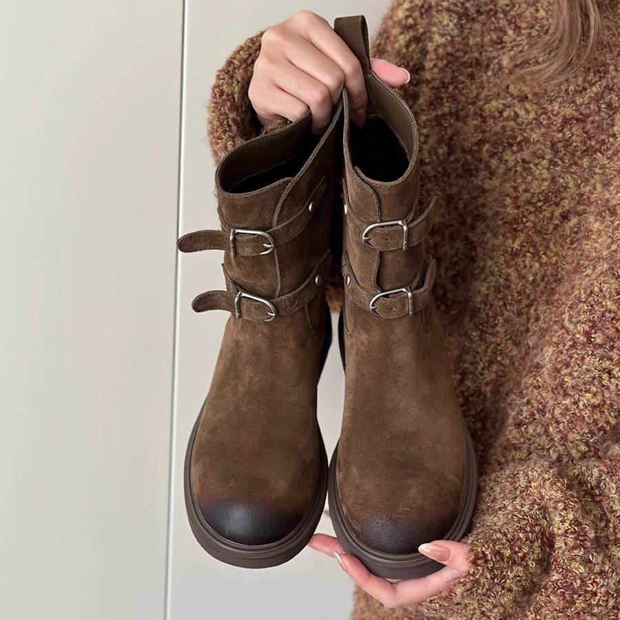 Female2026New vintage distressed leather buckle western cowboy boots, short boots, Martin boots