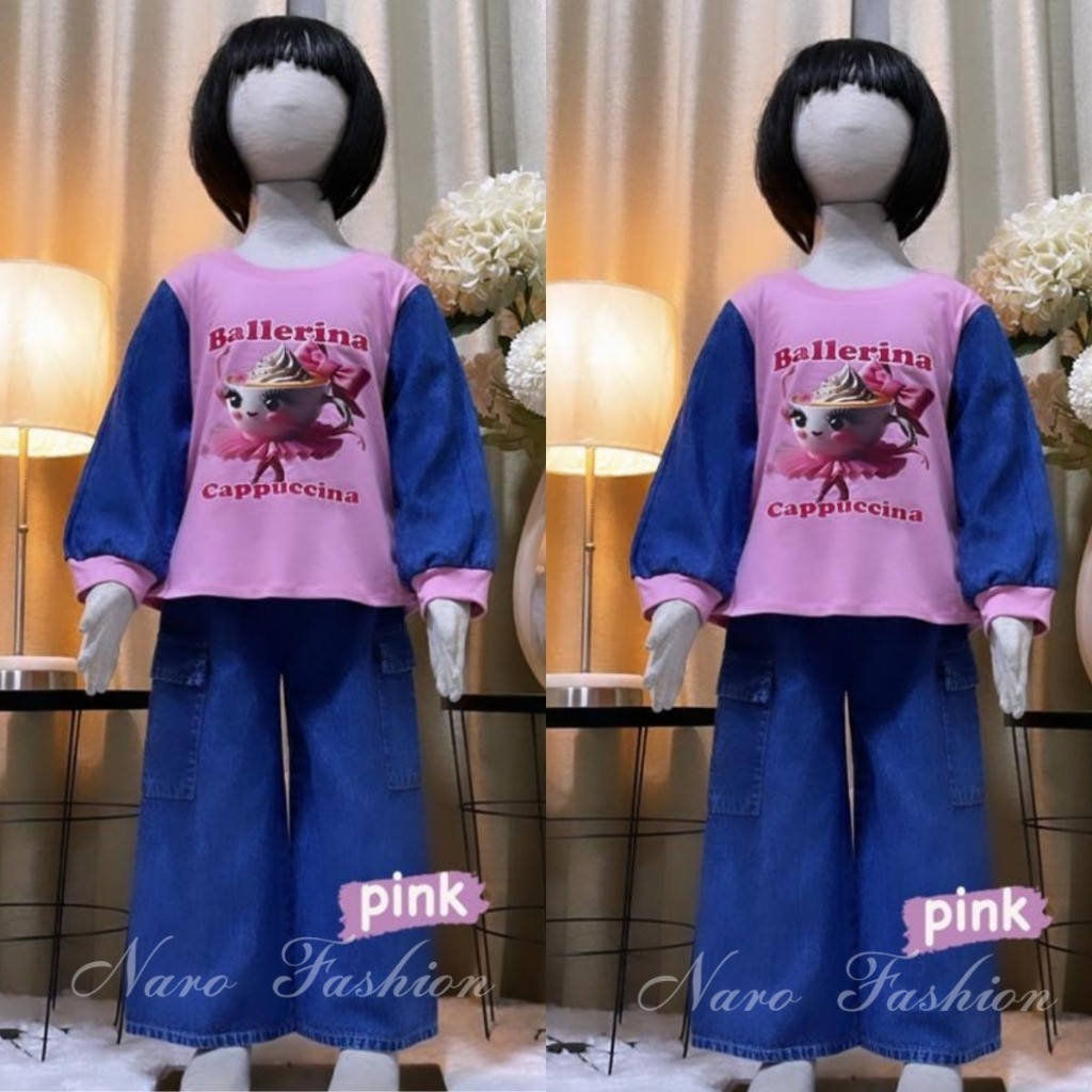 INFO Setelan Jeans Celana Kargo Pita Viral Anak Perempuan Motif Ballerina Cappucina Untuk Anak Usia 