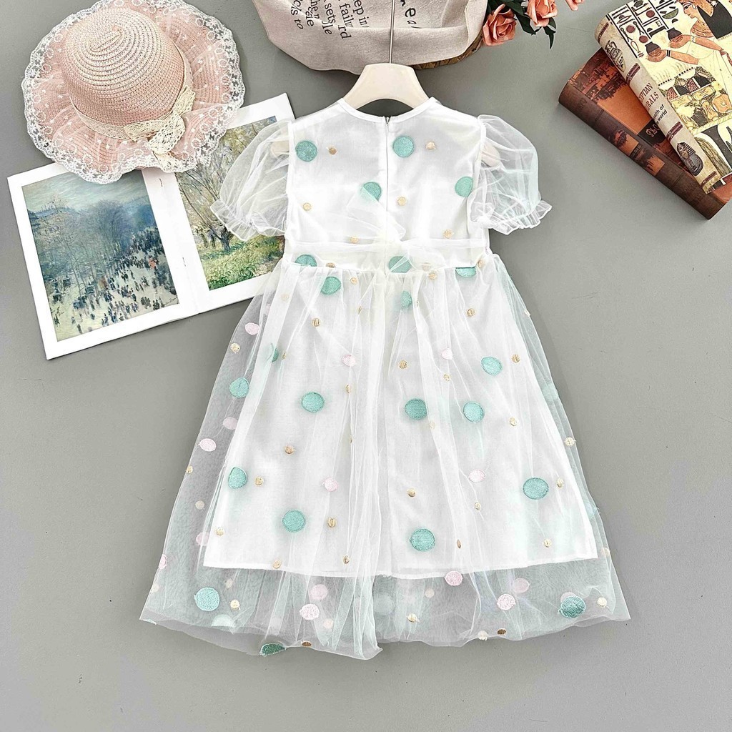 fybayi    CH013 Dress Anak Perempuan – Gaun Tile Polkadot Warna Pastel, Lengan Puff Transparan Lucu