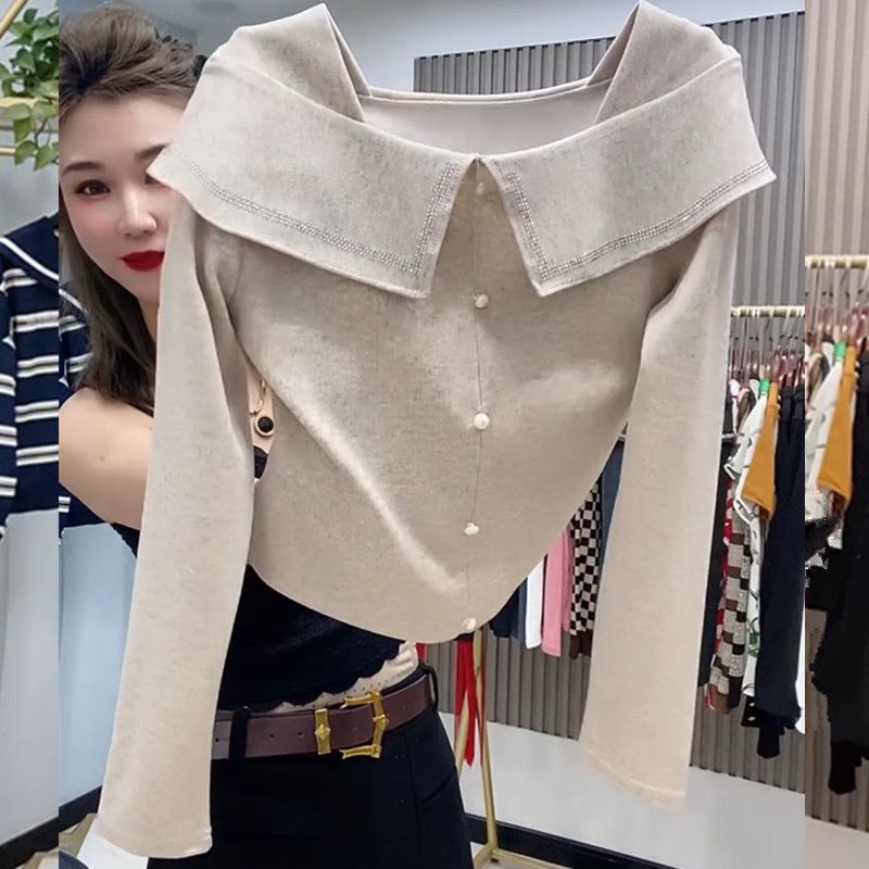 Gaya Baru Wanita Kerah Boneka Warna Solid Rhinestone Slim Fit T Baju Kaos