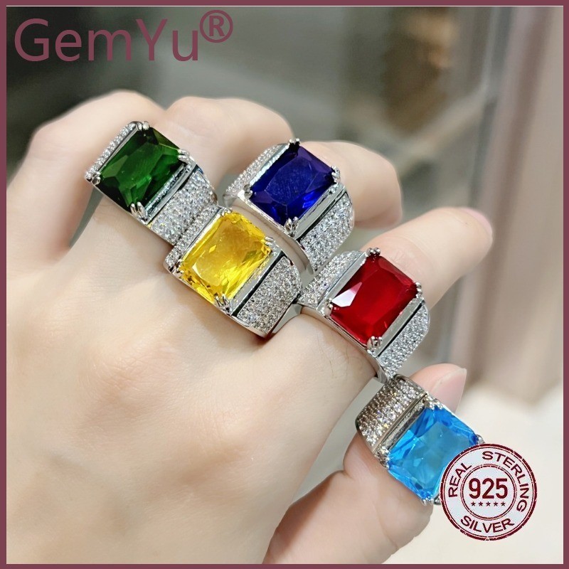 GemYu  Cincin Zamrud Alami untuk Pria Cincin Terbuka Batu Permata Hijau Berlian Penuh