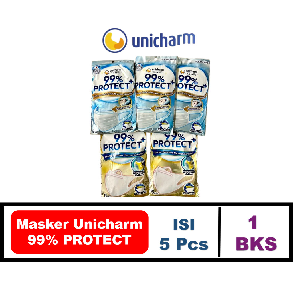 Masker Unicharm Protect 3 Ply - Masker Kesehatan Anti Bakteri 99%, Nyaman Dipakai Seharian 5 Pcs