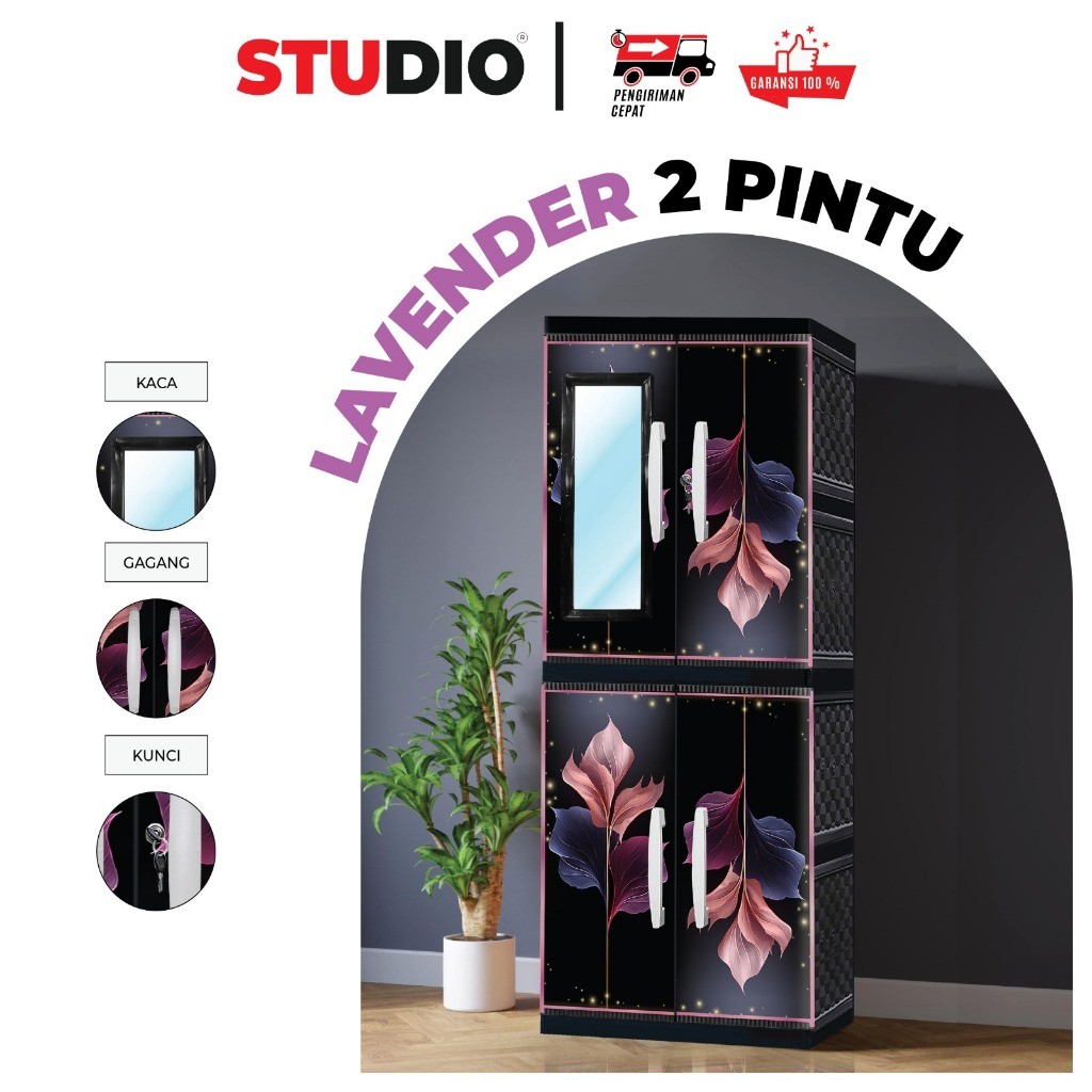 STUDIO - Lemari Pakaian Plastik 2 Pintu Jumbo Motif Bunga Printing VIP GANTUNG + KACA