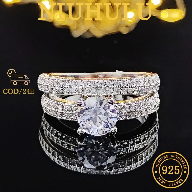 Set Cincin Tunangan Dua Potong Berlian Emas Putih 18K