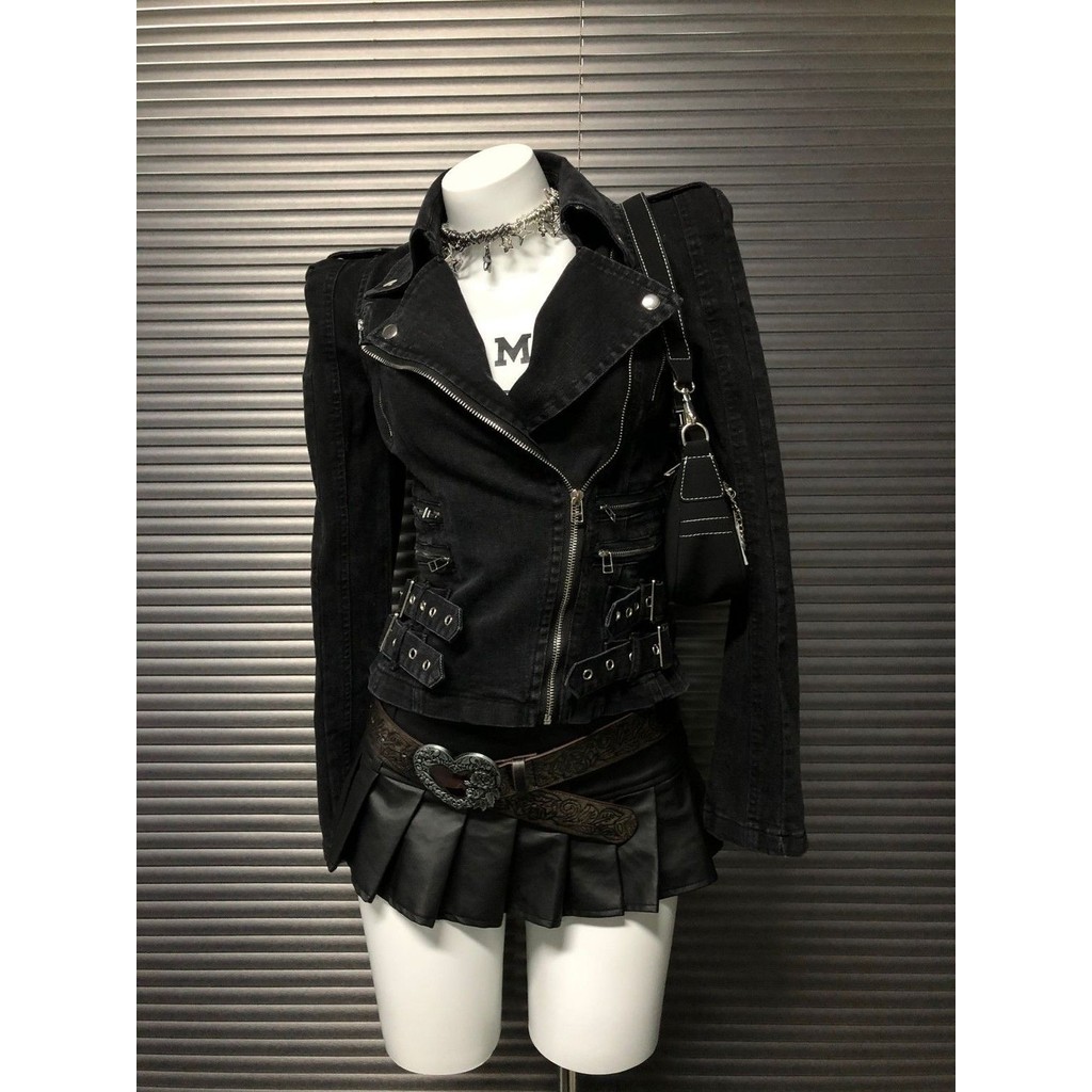 Y2K Gothic Black Coat  Bomber Jacket Women Harajuku Vintage Turn Down Collar Denim Jacket Punk Diago