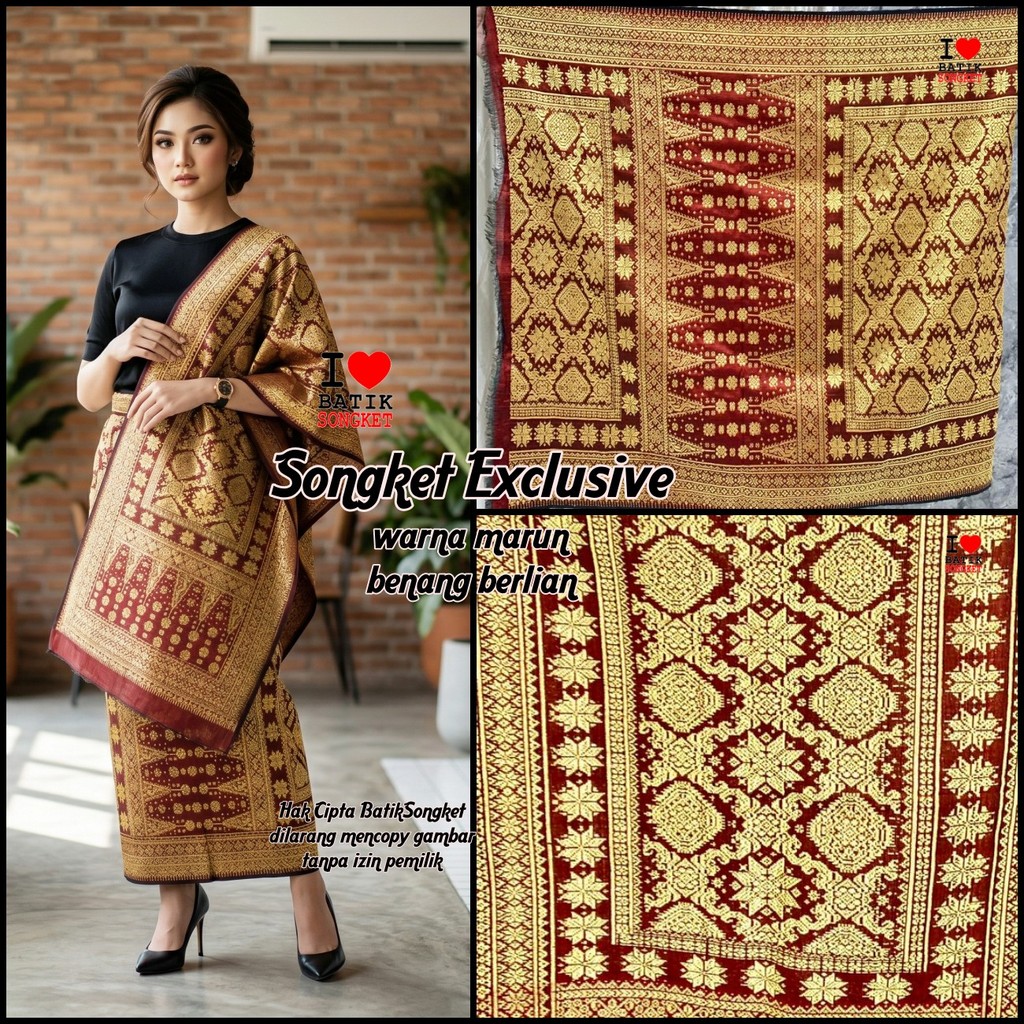 EDISI SPECIAL  SONGKET PALEMBANG BERLIAN GRADE A TENUN ORI MARUN MERAH MARUN PENGANTIN MOTIF 2