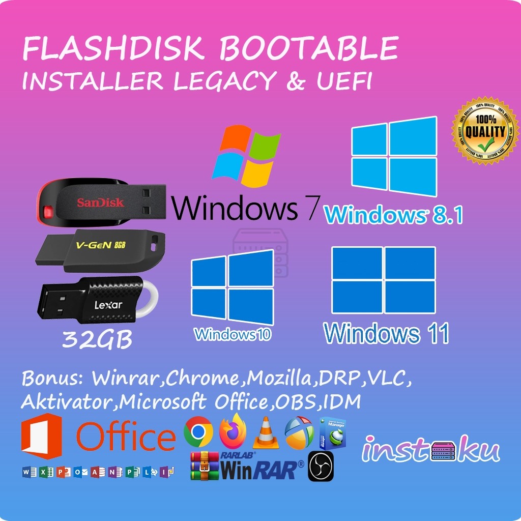 (Ola Computer) Flashdisk Bootable Windows 10, 11, 8.1, 7 Installer Microsoft Office