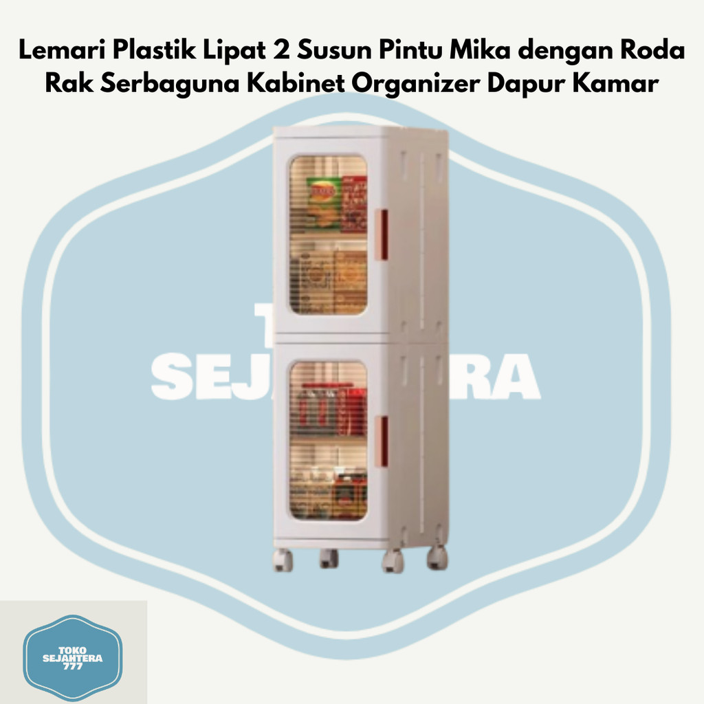 Lemari Plastik Lipat 2 Susun Pintu Mika dengan Roda Rak Serbaguna Kabinet Organizer Dapur Kamar