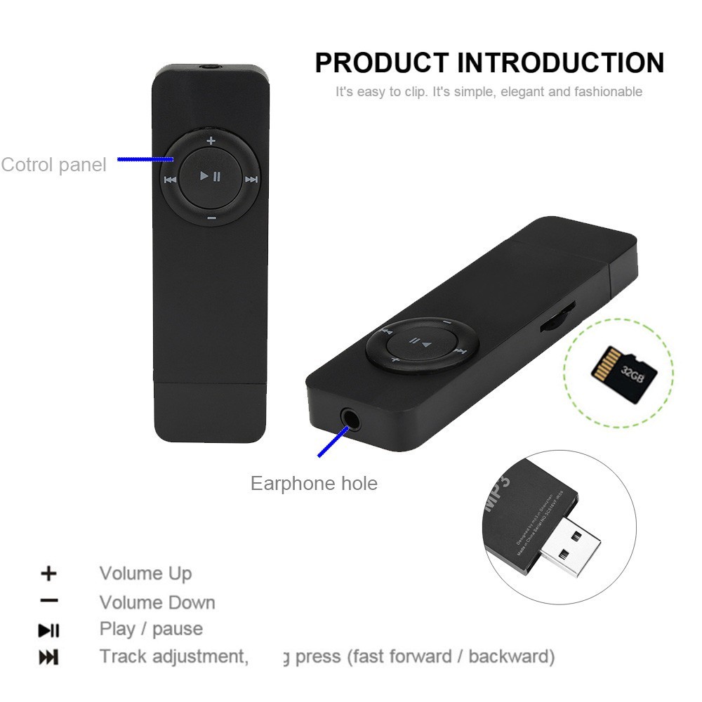 TAFFSTUDIO MP3 Player Mini Portable Pemutar Musik M3 Clip Support Micro SD TF Card Slot Alat Putar L