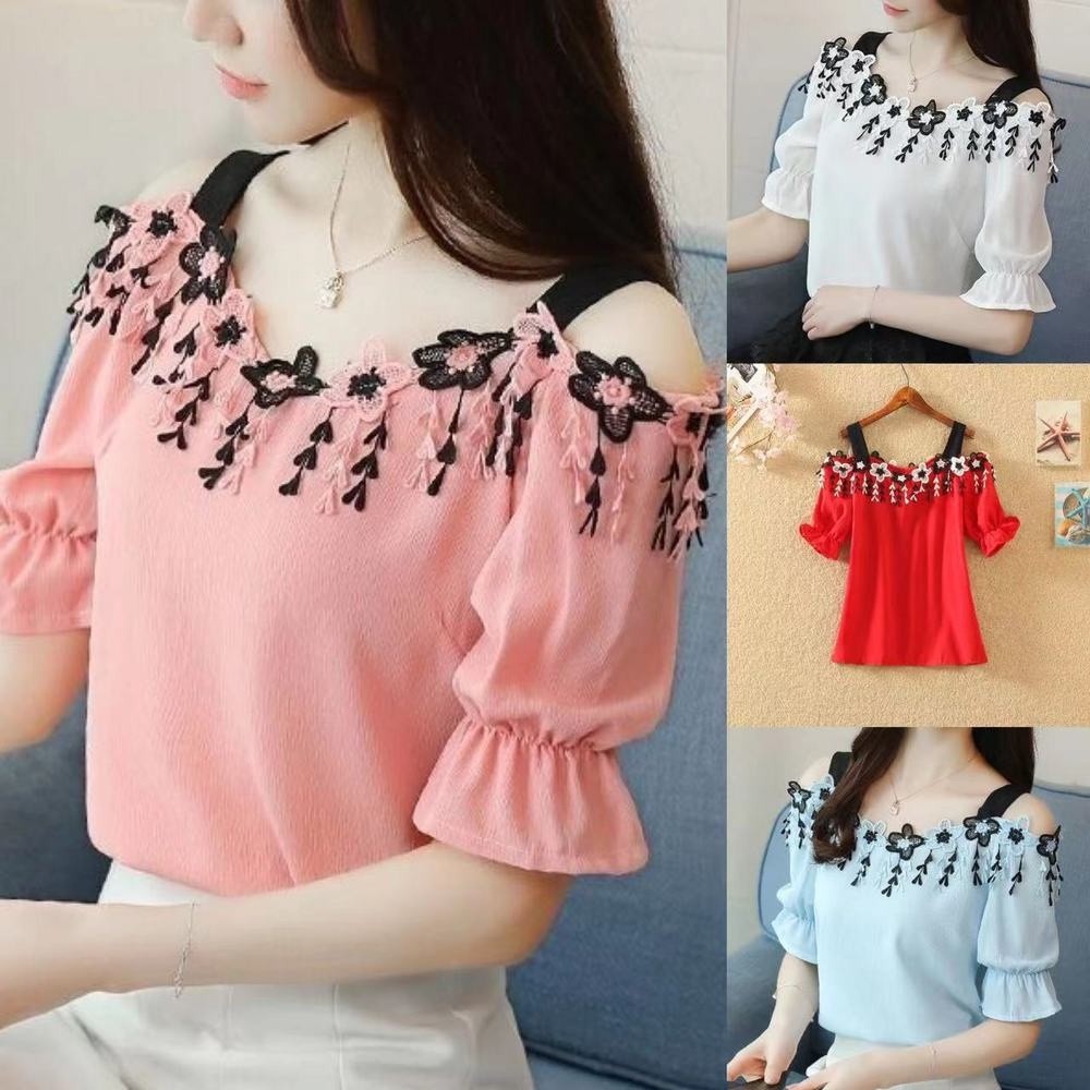 Blus Sifon Plus Size Wanita Off Shoulder Longgar Pita Korean Style Musim Panas