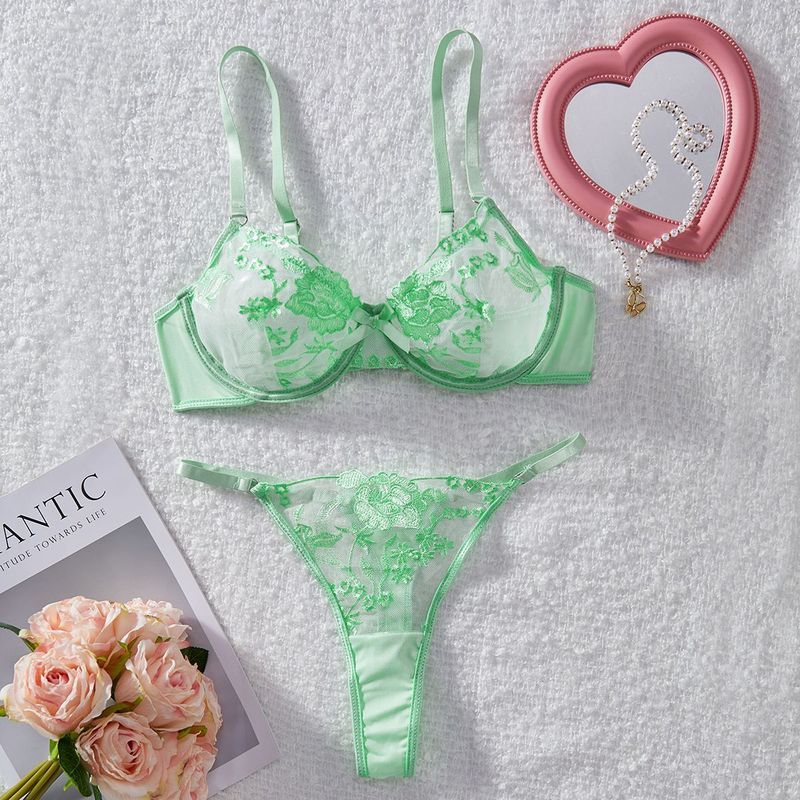 LadyAllure COD Set Lingerie Wanita Hijau Mint Bordir Seksi Bra Underwire Transparan Push Up Thong Se