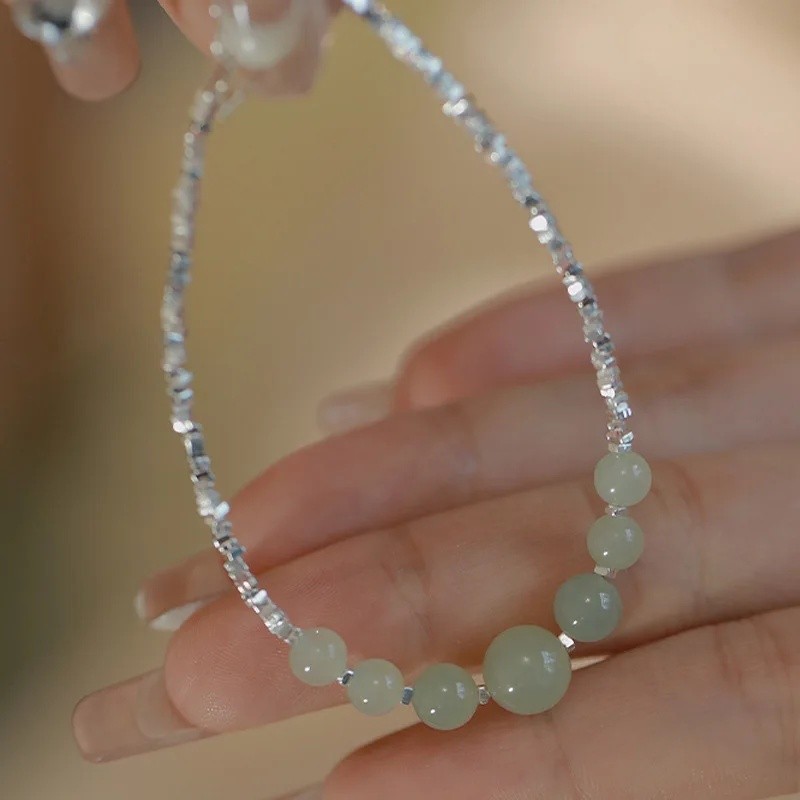 925 Sterling Silver Gelang Jade Hijau Persegi Tidak Tetap Manik Geometri Untuk Wanita Gadis Fashion 