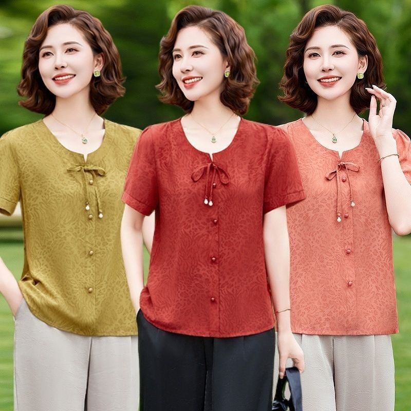 Baju Atasan Wanita Ibu Musim Panas Gaya Tionghoa Modern Lengan Pendek Kerah Bulat Baju Santai Lansia