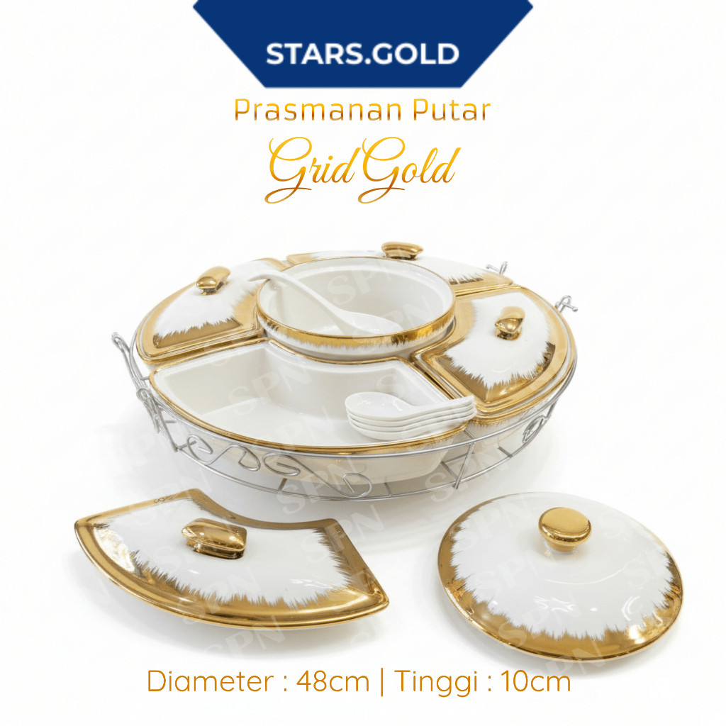 Prasmanan Putar Keramik Porcelain Model Grid Gold Dari Picasso Isi 5 Tempat Saji + 4 Duck spoon + 1 