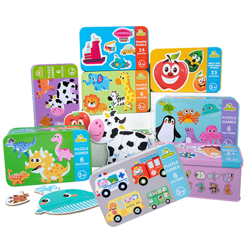 Montessori 6 In 1 Cartoon Car Fruit Animal Wooden Iron Box Jigsaw Puzzle Board Game Educational Toys For Kids Children 1 2 3 Y